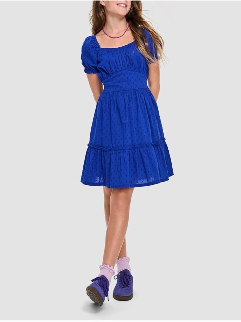 Place Girls' Royal Blue Puff-Sleeve Cotton Dress